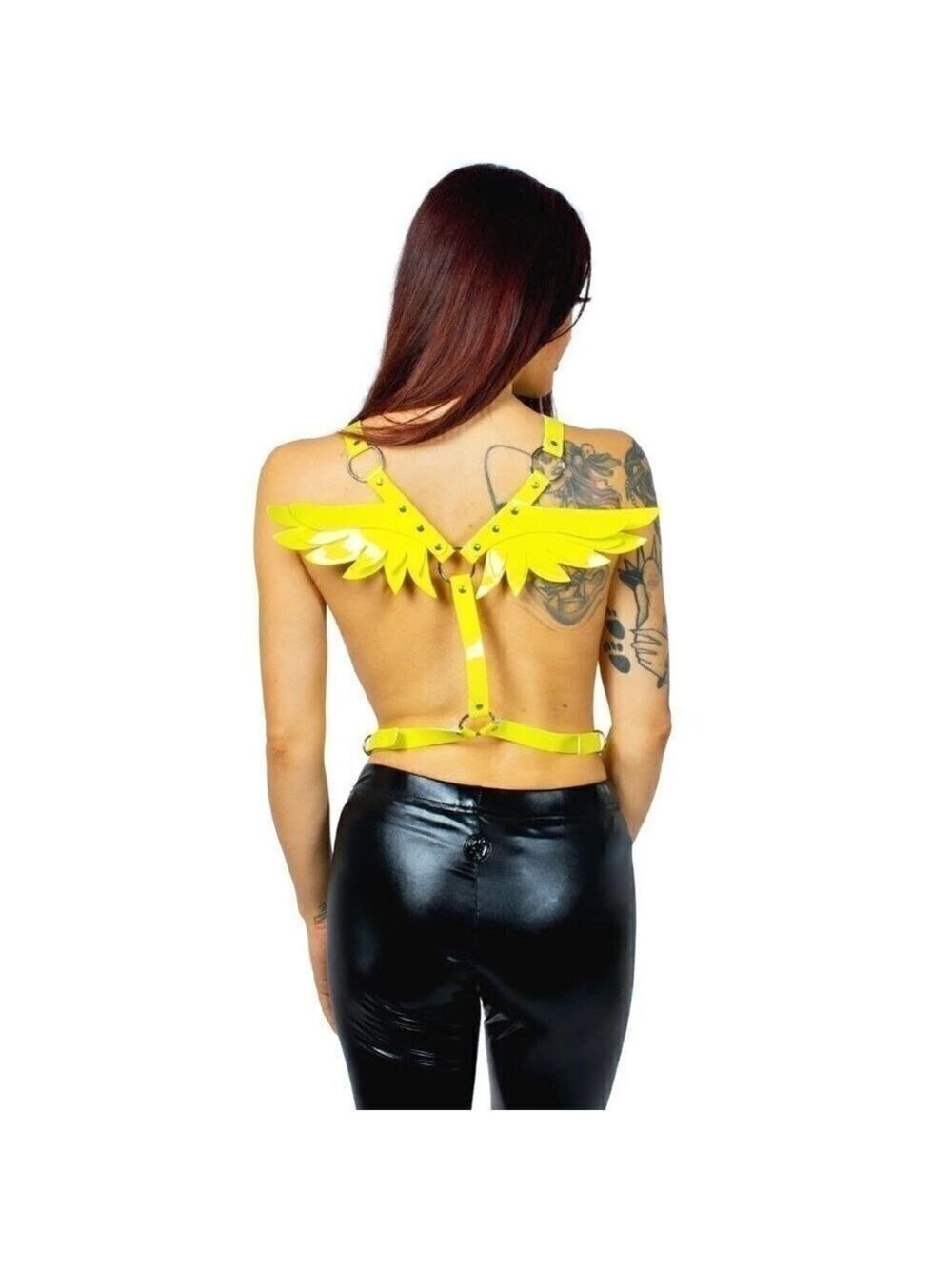 YELLOW Leather Harness Angel Wing Garter Belt Waistband Slave Fetish Bondage Sex